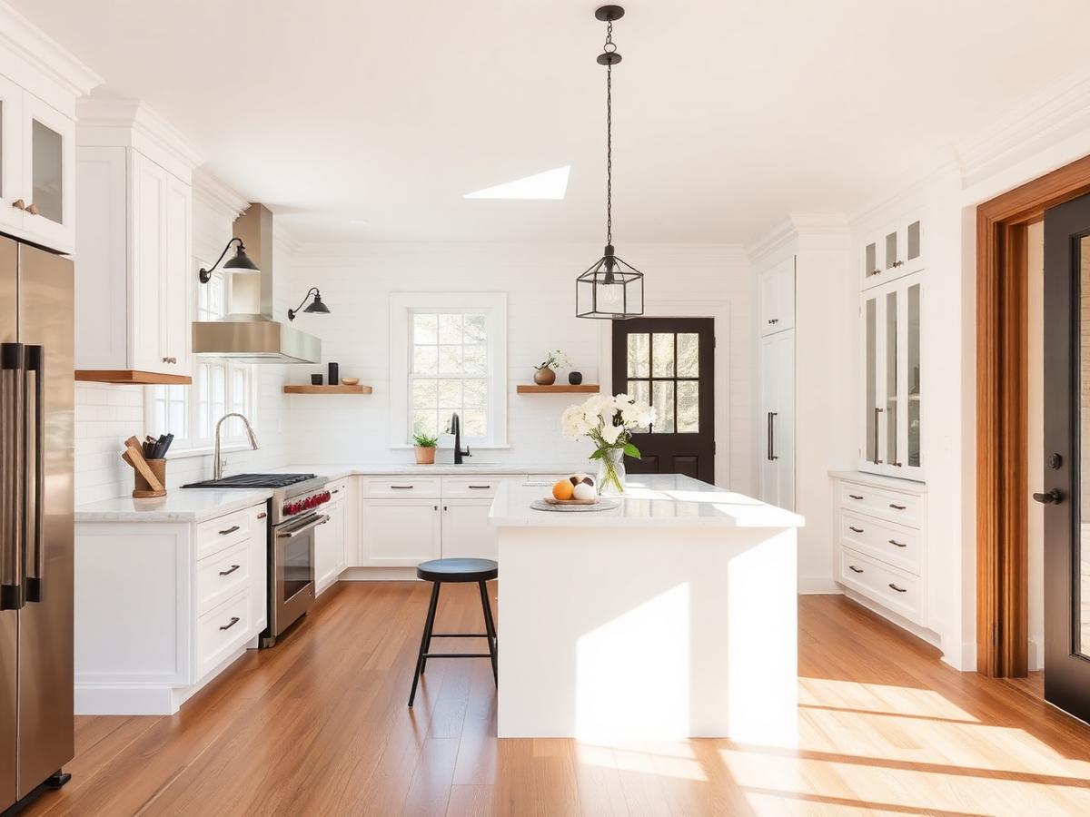 Renovated Texas bungalow kitchen with white cabinets and quartz island