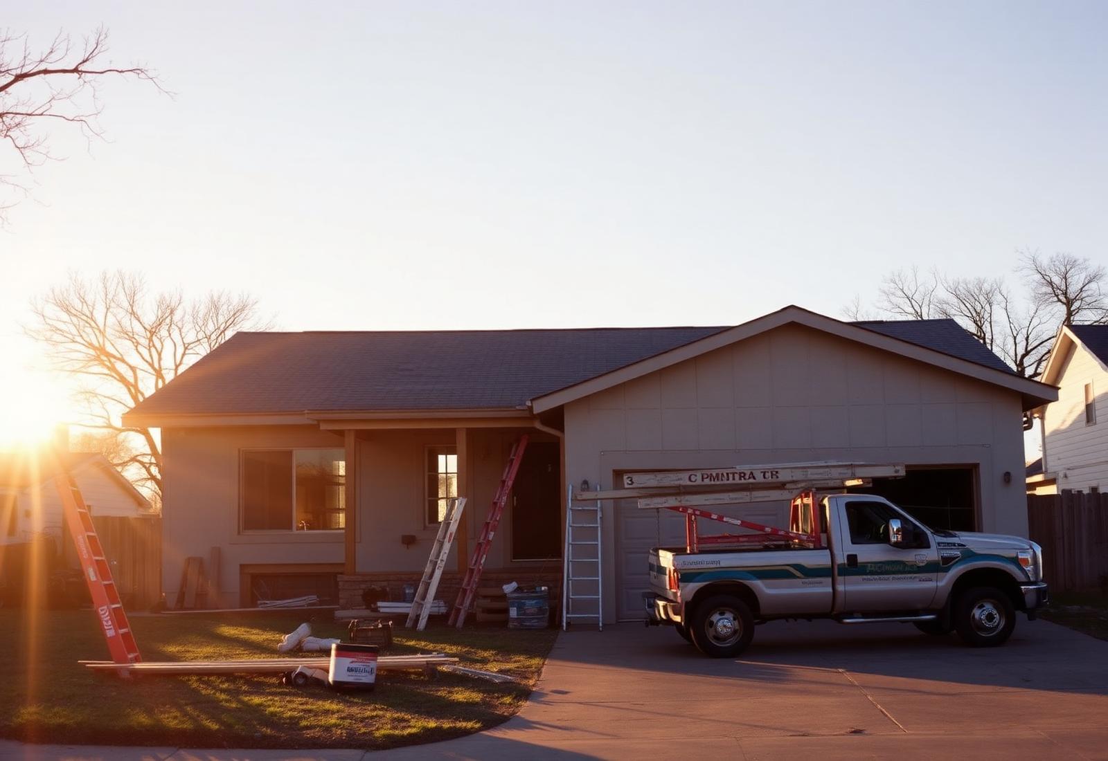 Ranch house mid-renovation at golden hour with contractor truck in the driveway